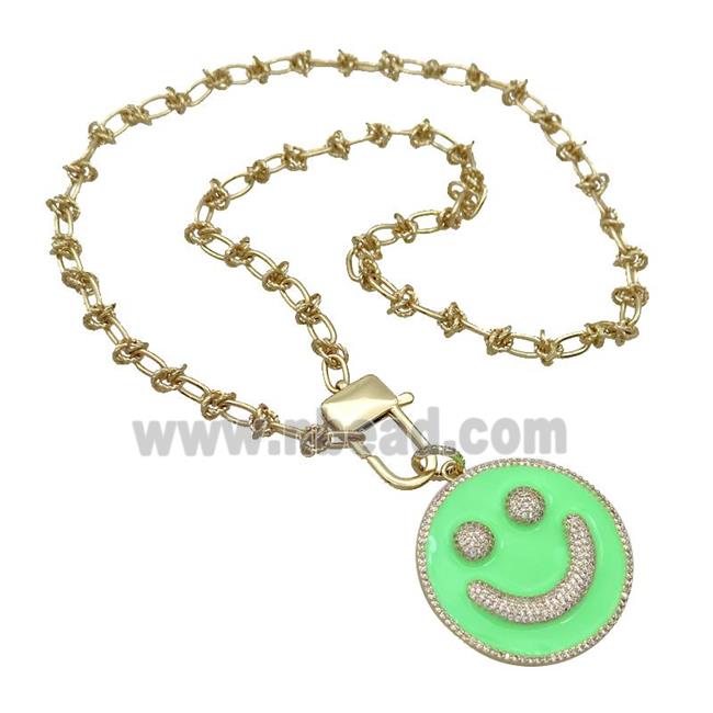 Copper Necklace Emoji Pave Zircon Green Enamel Happyface Gold Plated