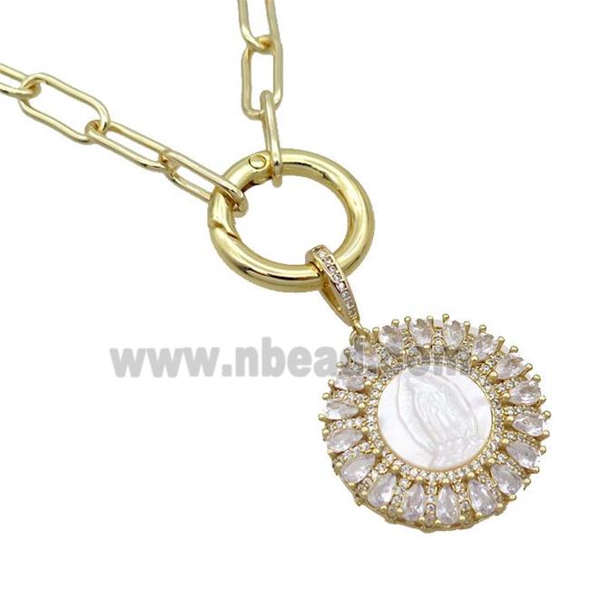 Copper Necklace Circle Pave Zircon VirginMary Shell Gold Plated