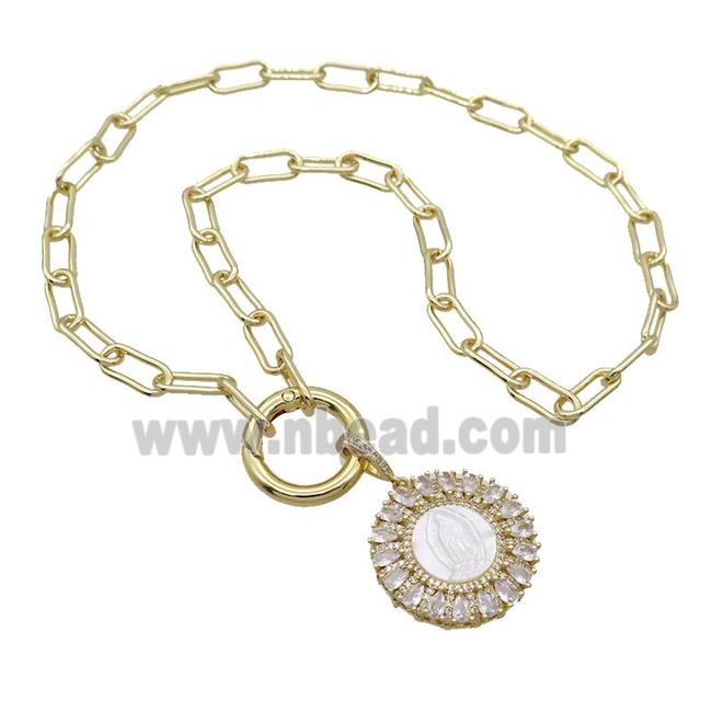 Copper Necklace Circle Pave Zircon VirginMary Shell Gold Plated