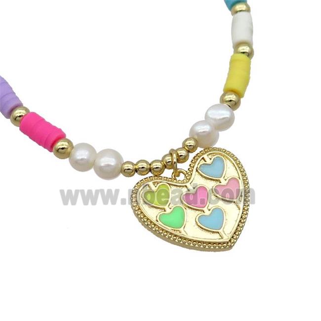 Copper Necklace Heart Multicolor Enamel Clay Pearl Gold Plated