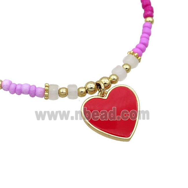 Seed Glass Necklace Red Enamel Heart Clay