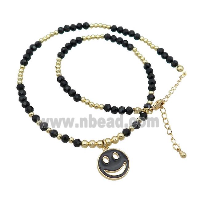 Black Crystal Glass Copper Necklace Black Enamel Emoji Gold Plated