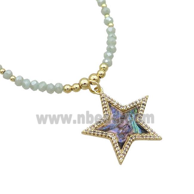 Green Crystal Glass Necklace Abalone Shell Star Gold Plated