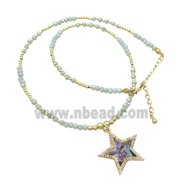 Green Crystal Glass Necklace Abalone Shell Star Gold Plated