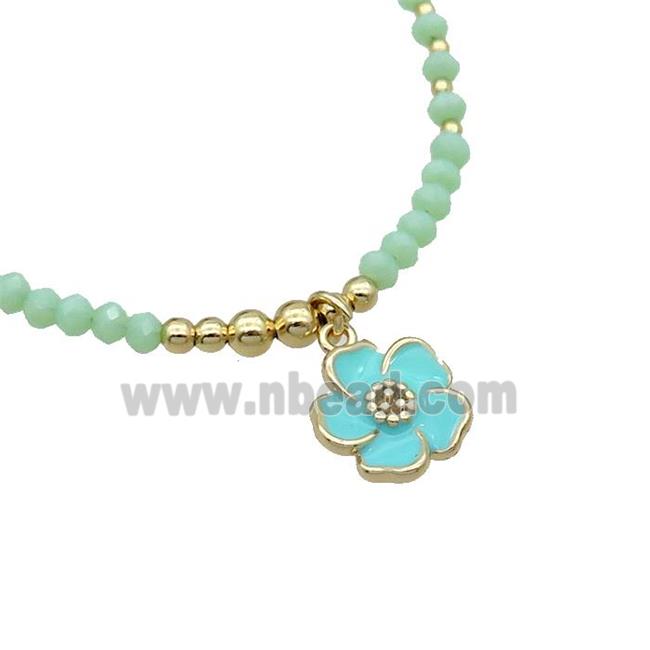 Green Crystal Glass Necklace Green Enamel Flower Gold Plated