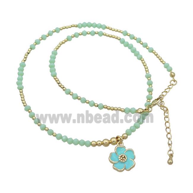 Green Crystal Glass Necklace Green Enamel Flower Gold Plated
