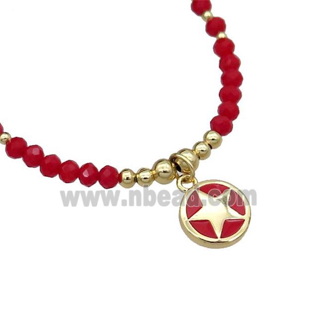 Red Crystal Glass Necklace Red Enamel Star Gold Plated