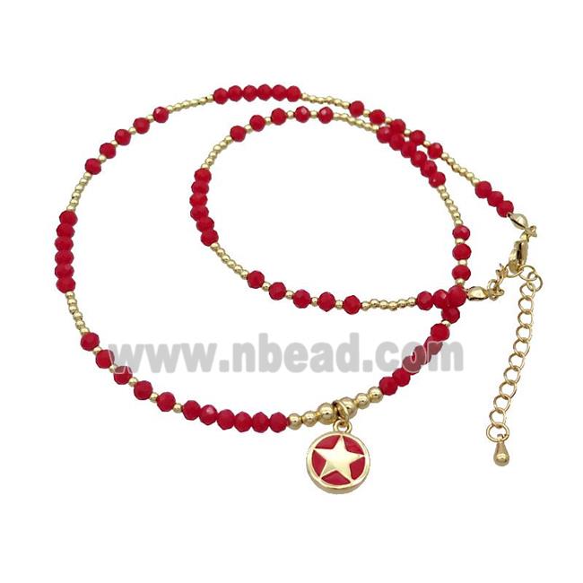 Red Crystal Glass Necklace Red Enamel Star Gold Plated