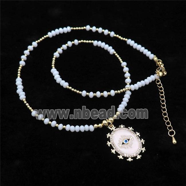 White Crystal Glass Necklace White Enamel Eye Gold Plated