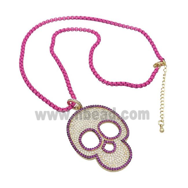 Hotpink Lacquered Copper Necklace Skull Pave Zircon Gold Plated