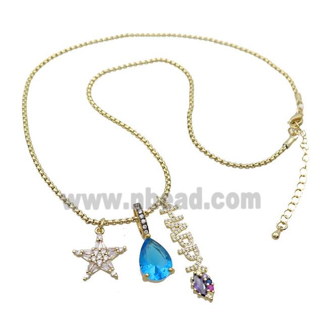 Copper Necklace Star HAPPY Pave Zircon Crystal Glass Gold Plated
