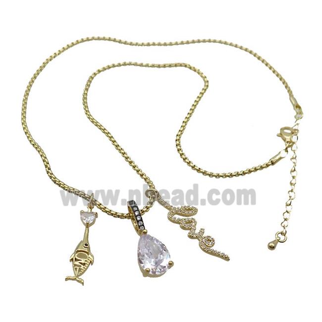 Copper Necklace Fish LOVE Pave Zircon Crystal Glass Gold Plated