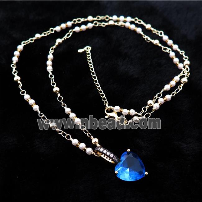 Copper Necklace Blue Heart Crystal Glass Pearlized Plastic Gold Plated