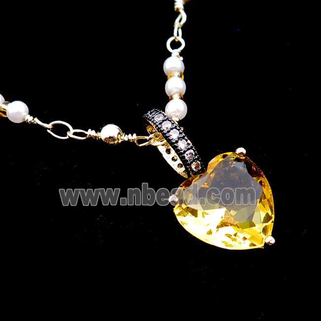 Copper Necklace Golden Heart Crystal Glass Pearlized Plastic Gold Plated