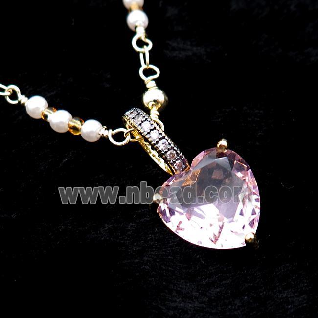 Copper Necklace Pink Heart Crystal Glass Pearlized Plastic Gold Plated