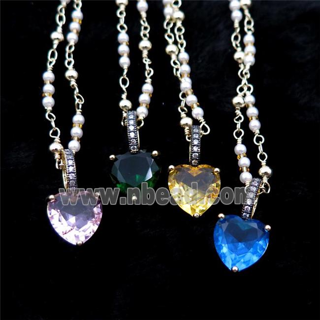 Copper Necklace Heart Crystal Glass Pearlized Plastic Gold Plated Mixed