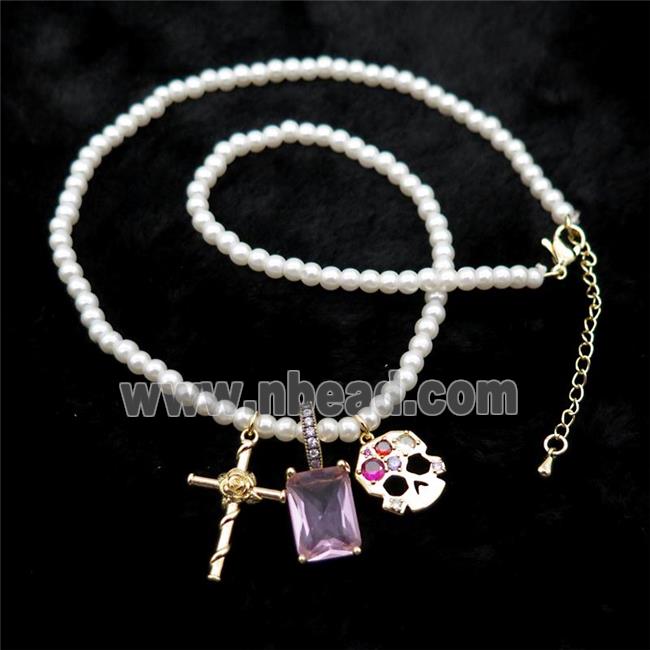 White Pearlized Plastic Necklace With Cross Skull Crystal Glass