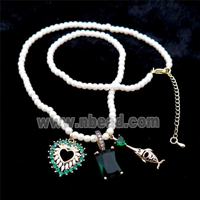 White Pearlized Plastic Necklace With Heart Fish Crystal Glass