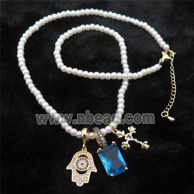 White Pearlized Plastic Necklace With Hamsahand Cross Crystal Glass