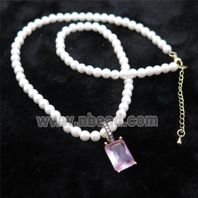 White Pearlized Plastic Necklace Pave Pink Crystal Glass Rectangle