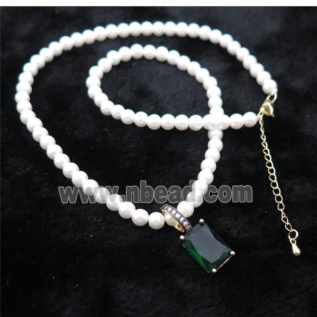 White Pearlized Plastic Necklace Pave Green Crystal Glass Rectangle