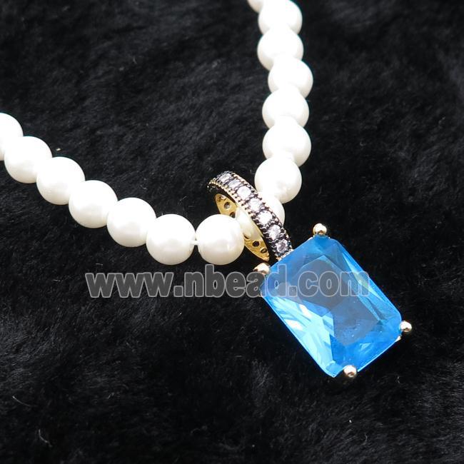 White Pearlized Plastic Necklace Pave Blue Crystal Glass Rectangle