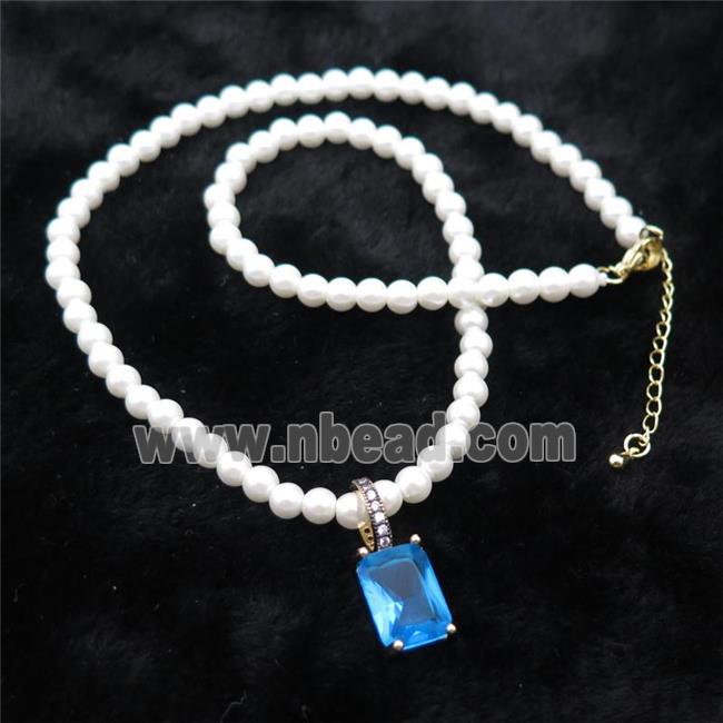 White Pearlized Plastic Necklace Pave Blue Crystal Glass Rectangle