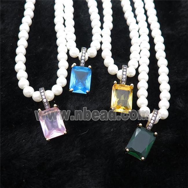 White Pearlized Plastic Necklace Pave Crystal Glass Rectangle Mixed