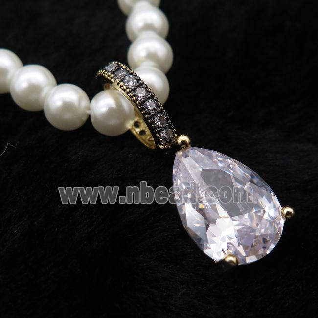 White Pearlized Plastic Necklace Pave Clear Crystal Glass Teardrop