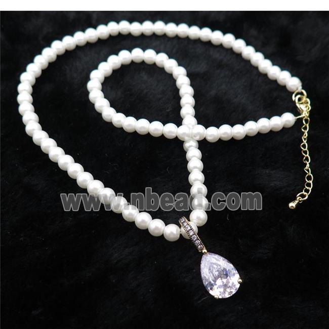 White Pearlized Plastic Necklace Pave Clear Crystal Glass Teardrop