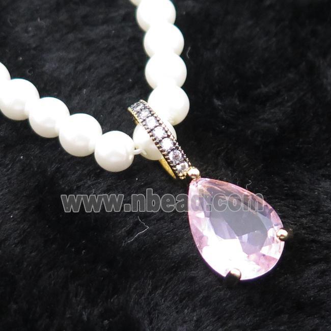 White Pearlized Plastic Necklace Pave Pink Crystal Glass Teardrop