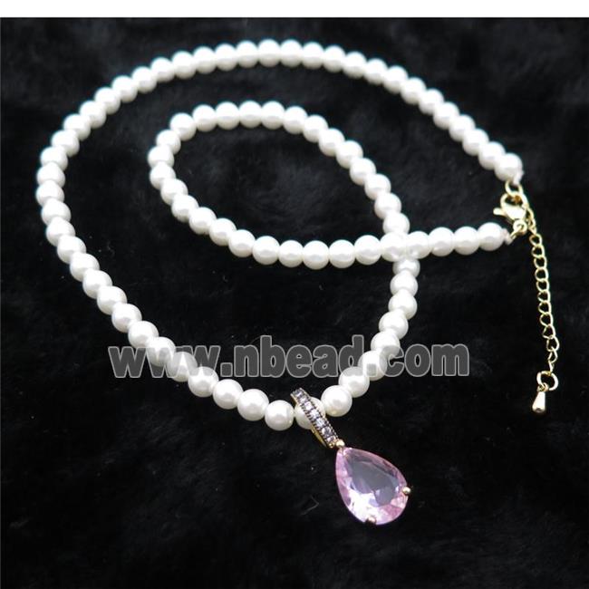 White Pearlized Plastic Necklace Pave Pink Crystal Glass Teardrop