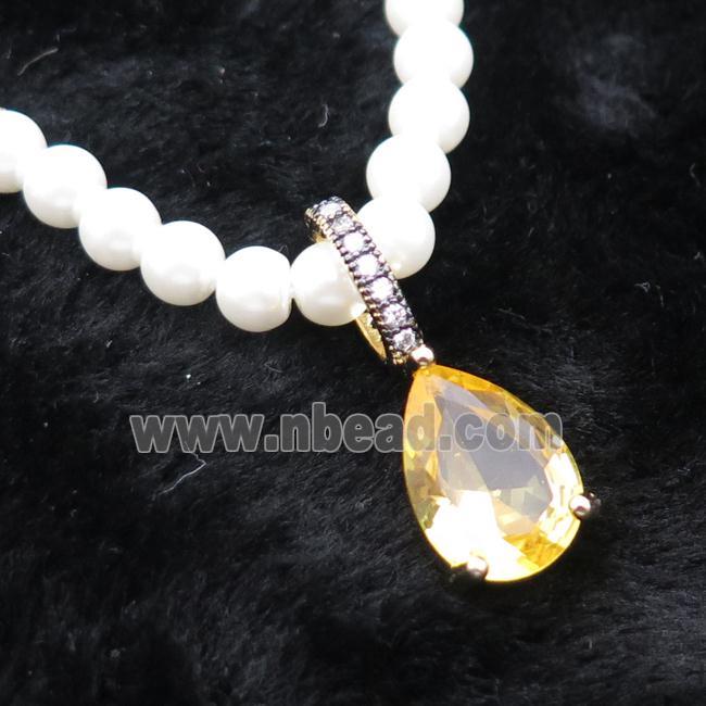 White Pearlized Plastic Necklace Pave Golden Crystal Glass Teardrop