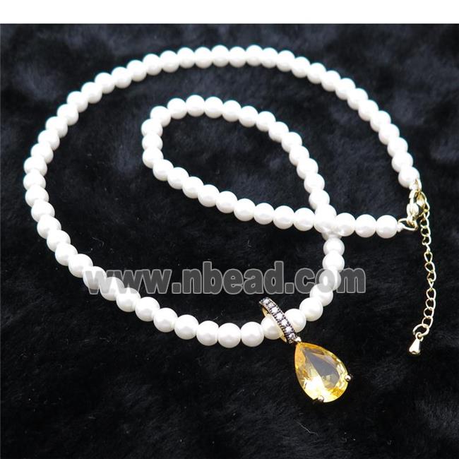 White Pearlized Plastic Necklace Pave Golden Crystal Glass Teardrop