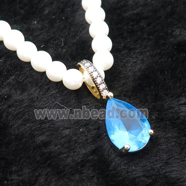 White Pearlized Plastic Necklace Pave Blue Crystal Glass Teardrop