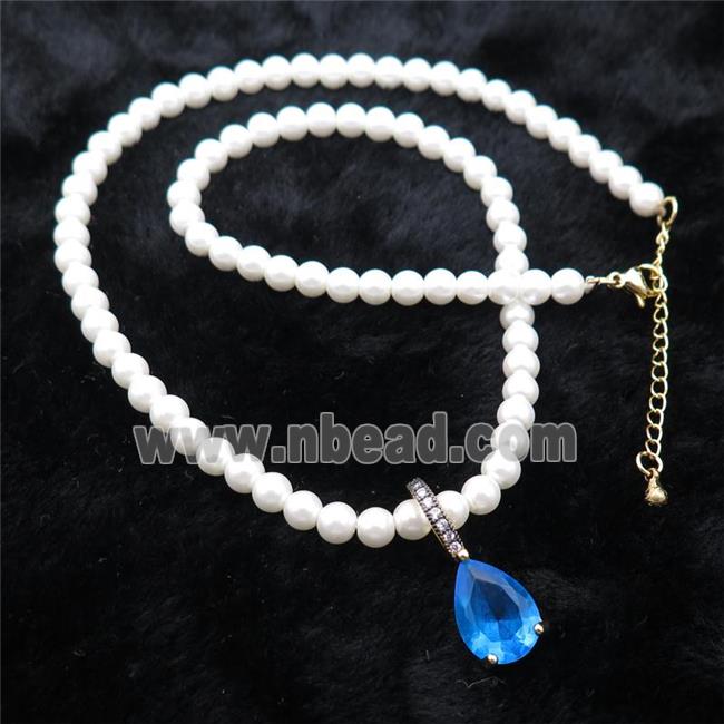 White Pearlized Plastic Necklace Pave Blue Crystal Glass Teardrop