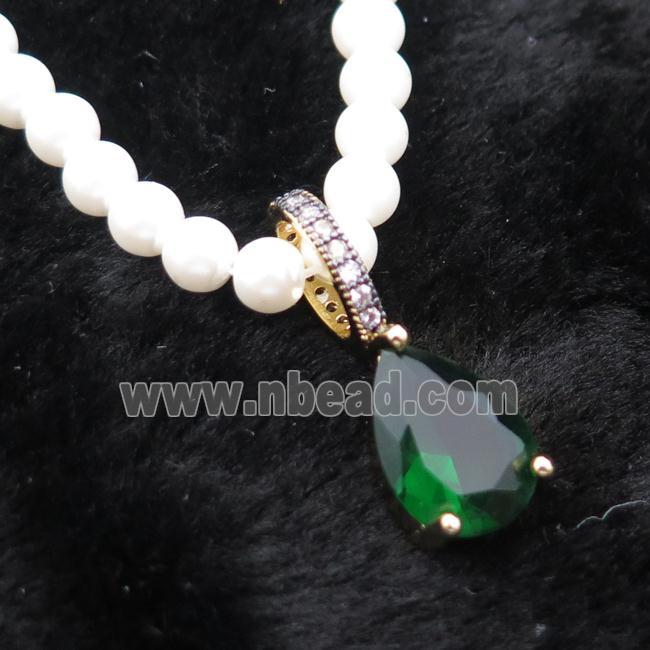 White Pearlized Plastic Necklace Pave Green Crystal Glass Teardrop