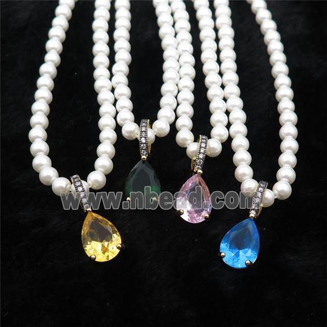 White Pearlized Plastic Necklace Pave Crystal Glass Teardrop Mixed