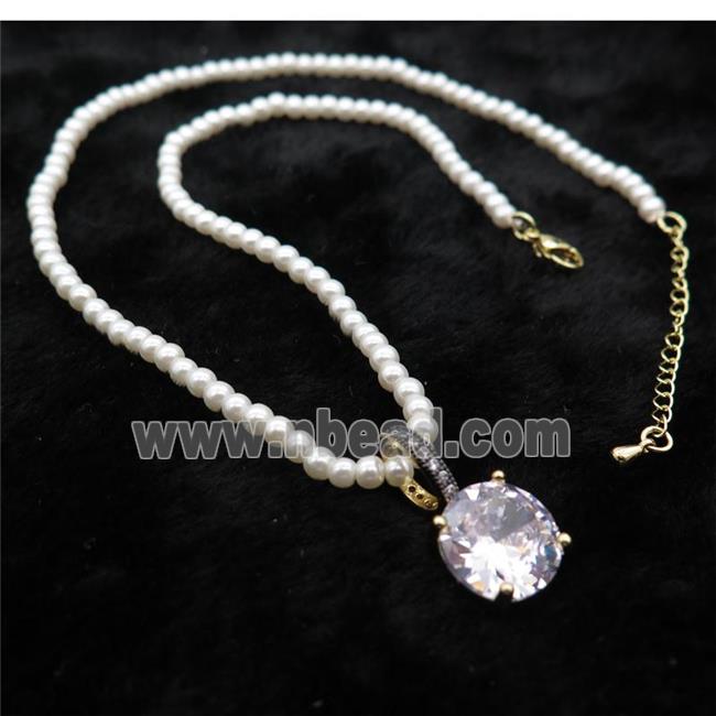 White Pearlized Plastic Necklace Pave Clear Crystal Glass Circle