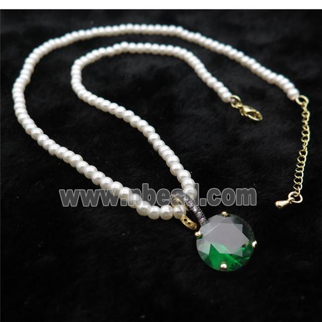 White Pearlized Plastic Necklace Pave Green Crystal Glass Circle