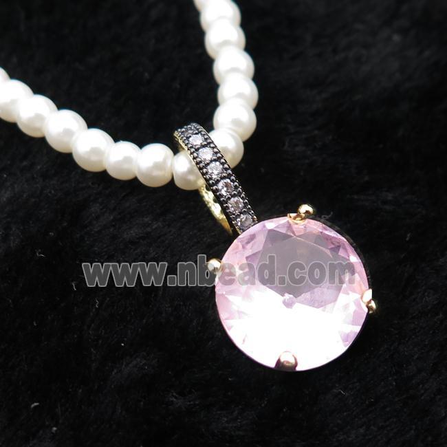 White Pearlized Plastic Necklace Pave Pink Crystal Glass Circle