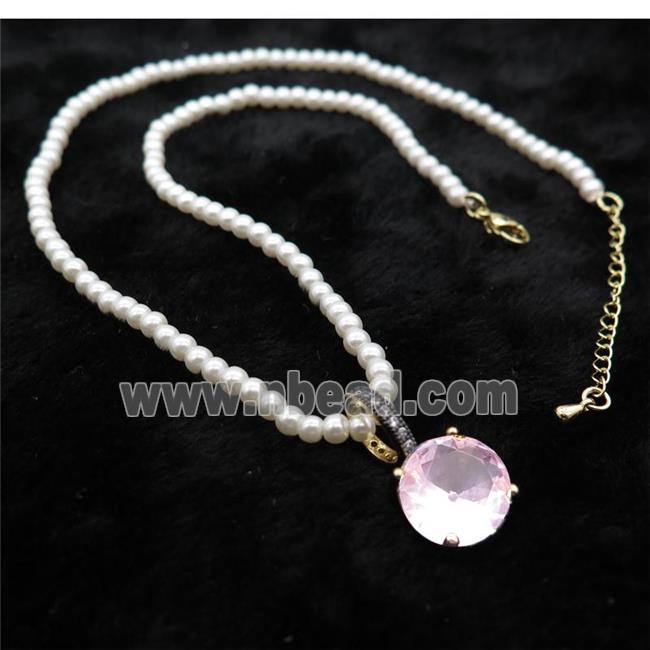 White Pearlized Plastic Necklace Pave Pink Crystal Glass Circle