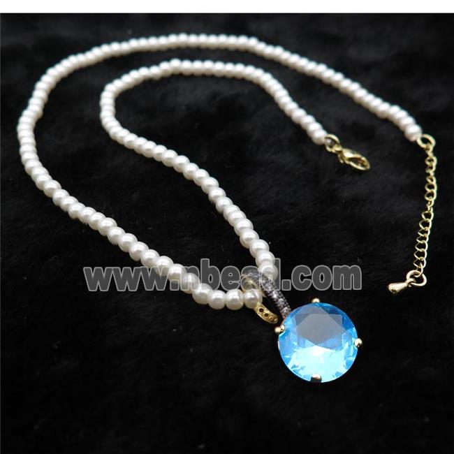 White Pearlized Plastic Necklace Pave Blue Crystal Glass Circle