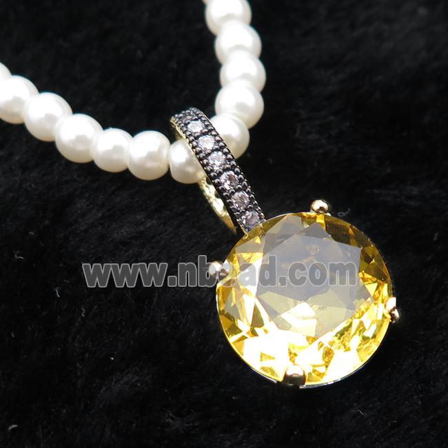 White Pearlized Plastic Necklace Pave Golden Crystal Glass Circle