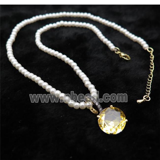 White Pearlized Plastic Necklace Pave Golden Crystal Glass Circle