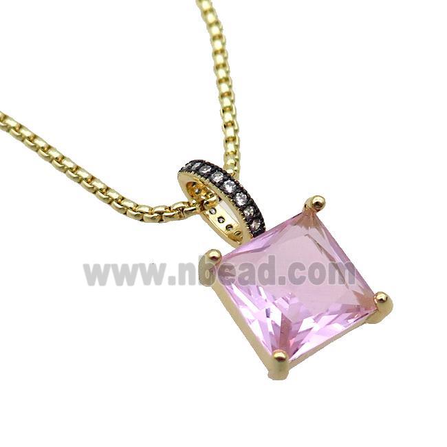 Copper Necklace With Pink Crystal Glass Square Gold Plated