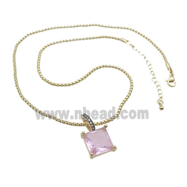 Copper Necklace With Pink Crystal Glass Square Gold Plated