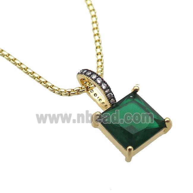 Copper Necklace With Green Crystal Glass Square Gold Plated