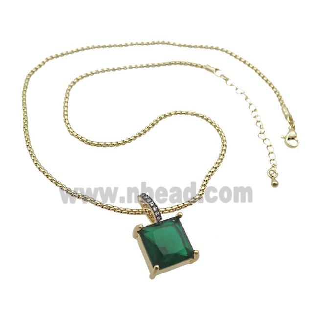 Copper Necklace With Green Crystal Glass Square Gold Plated