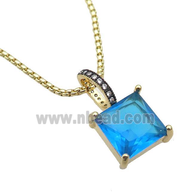 Copper Necklace With Blue Crystal Glass Square Gold Plated